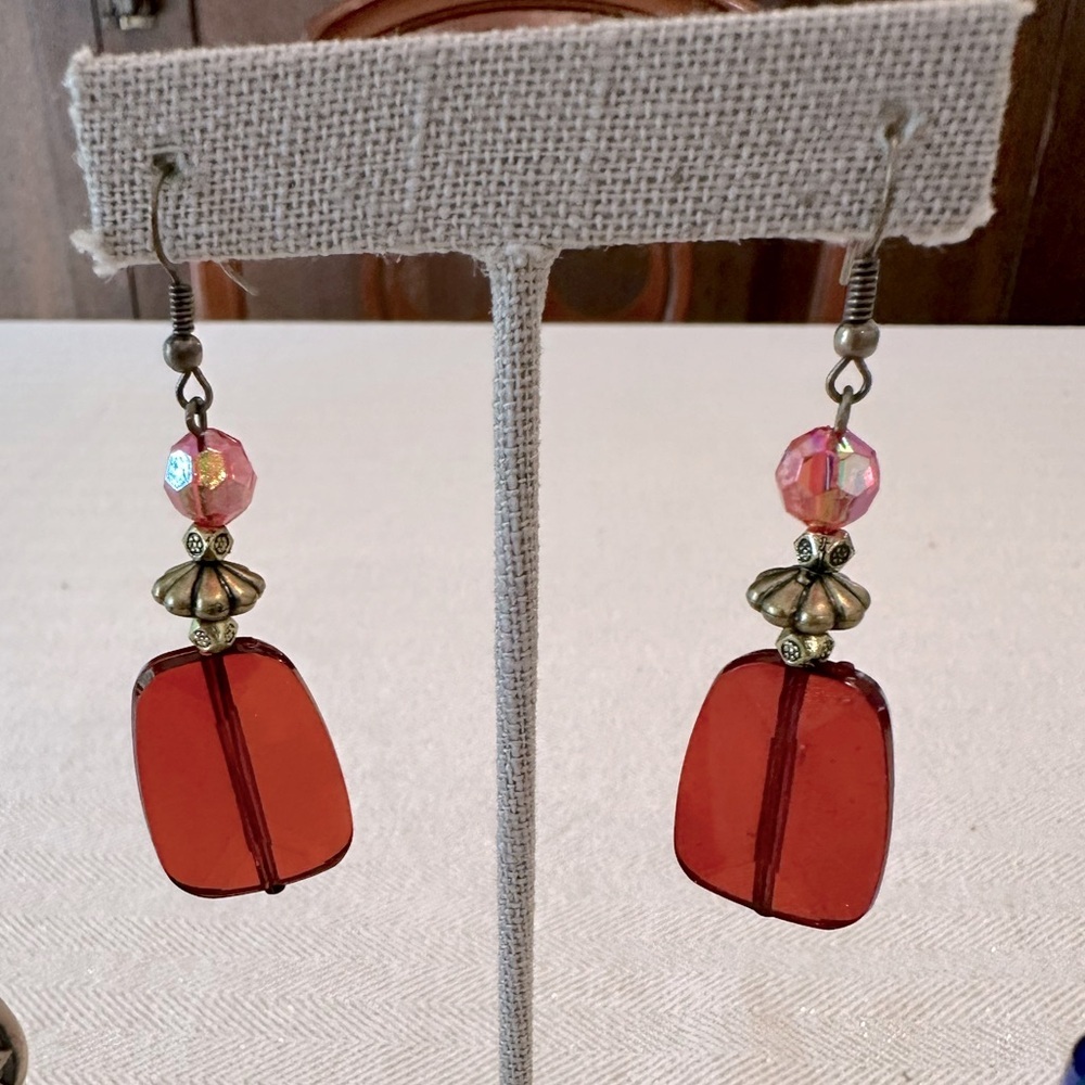 Blue and Red Earring Bundle Set of 3 Bohemian Style Boho Burnished Gold Tone - Picture 4 of 12